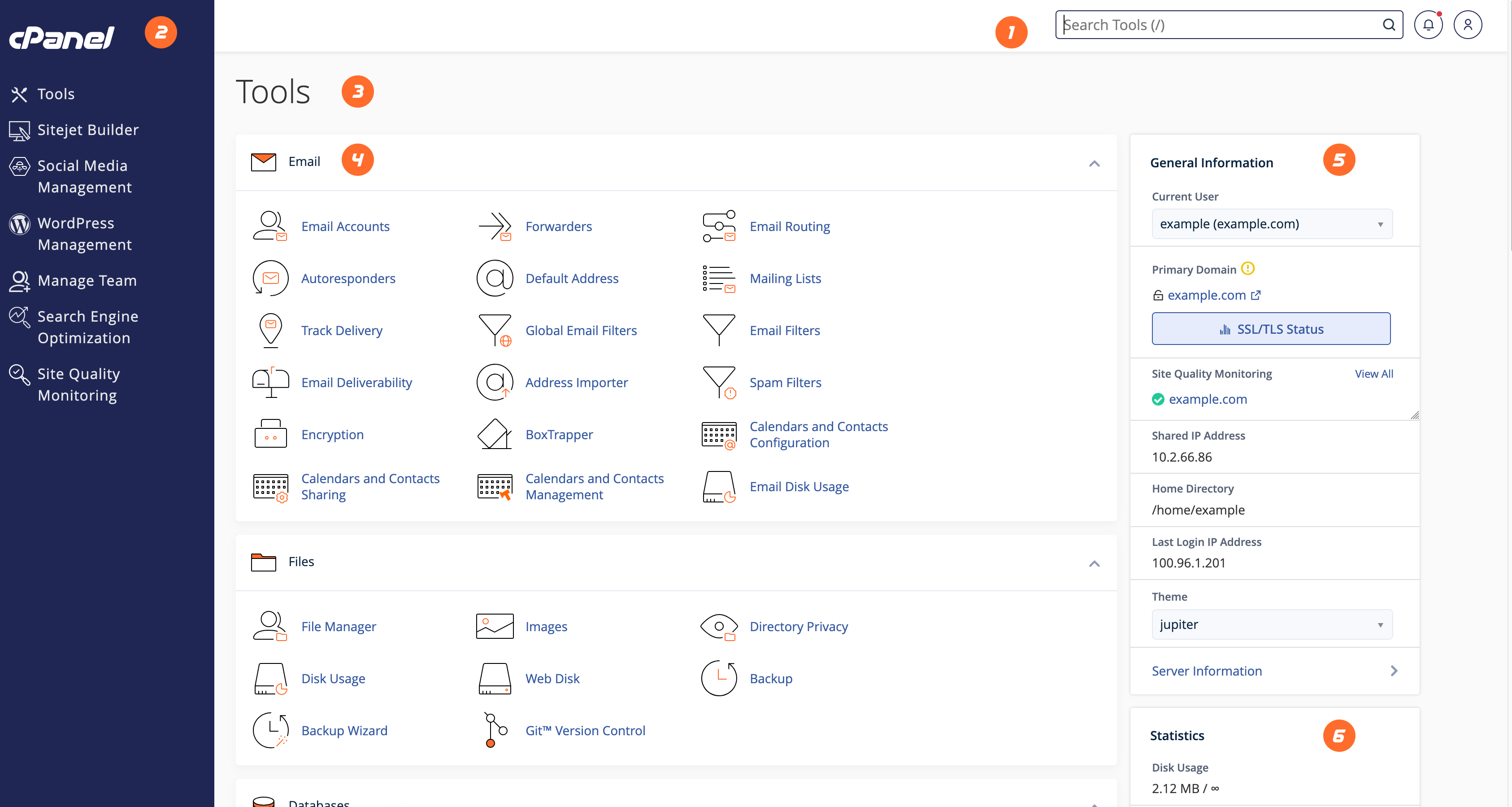cPanel interface for website and account management